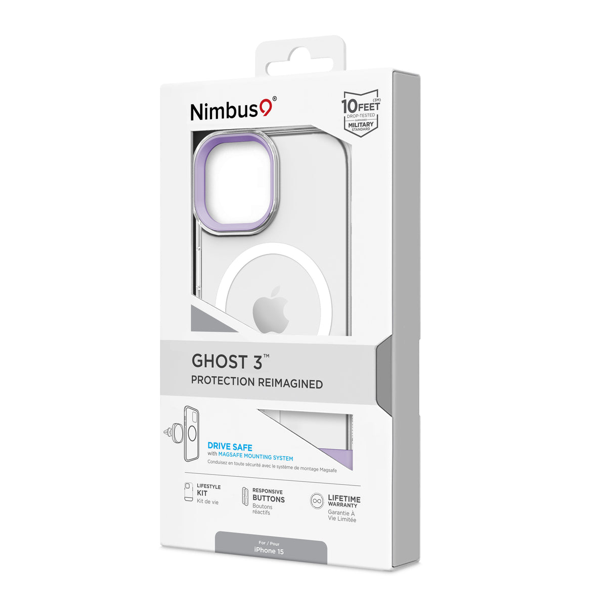 Coque MagSafe Nimbus9 Ghost 3 pour iPhone 15 – Lilas transparent
