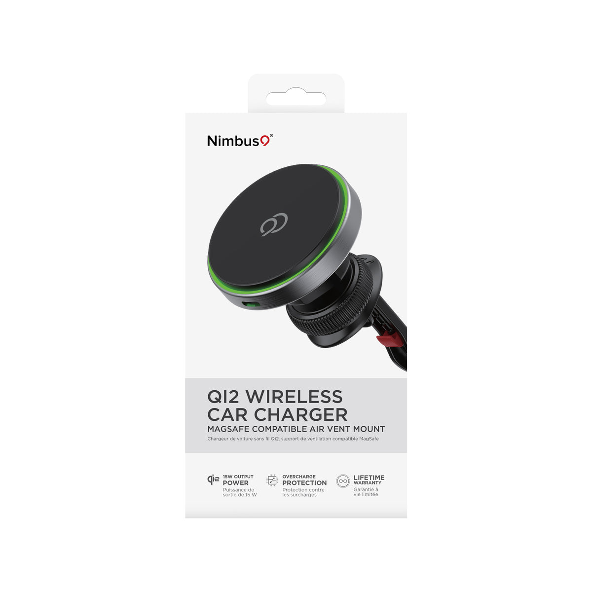 Cargador inalámbrico para coche Nimbus9 Qi2, compatible con MagSafe - Gris cepillado