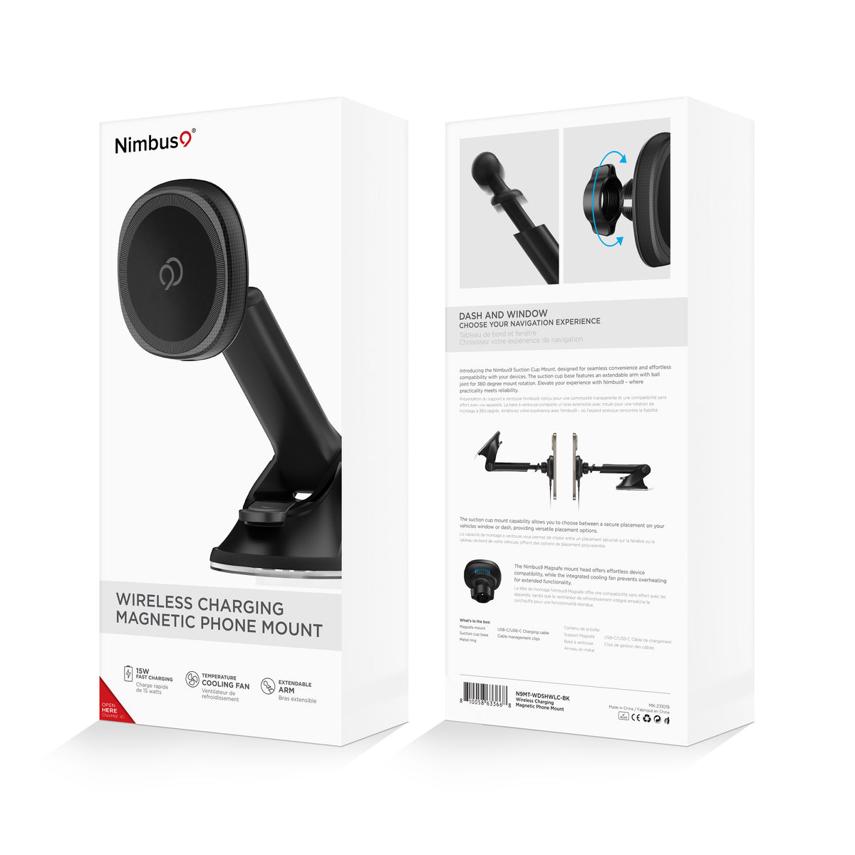 Soporte magnético para teléfono con ventosa y carga inalámbrica Nimbus9 - Negro
