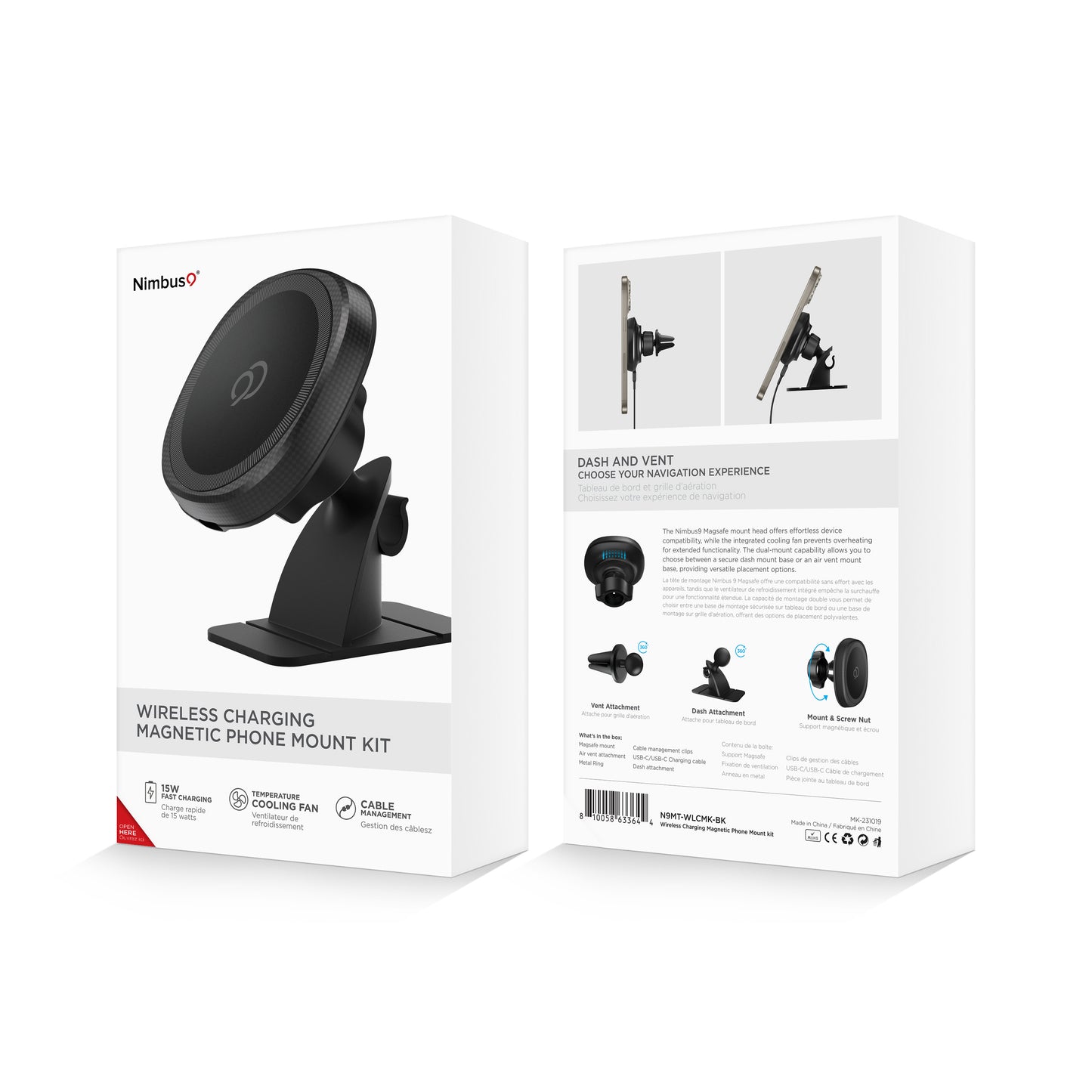 Kit de support magnétique pour téléphone à chargement sans fil Nimbus9 pour grille d'aération et tableau de bord - Noir