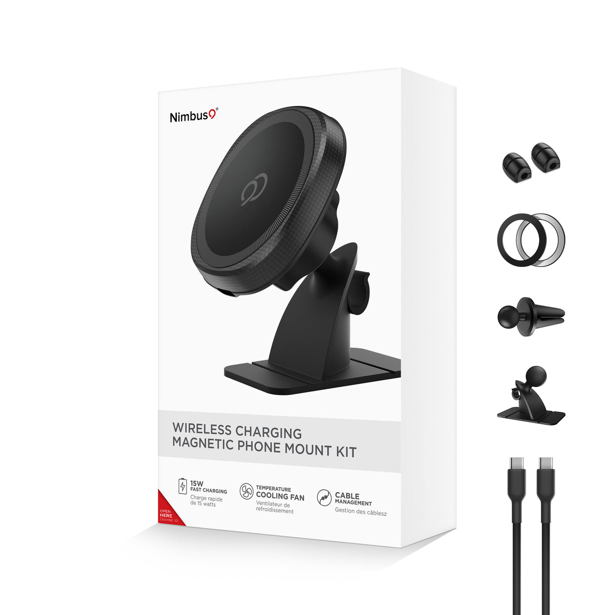 Kit de support magnétique pour téléphone à chargement sans fil Nimbus9 pour grille d'aération et tableau de bord - Noir