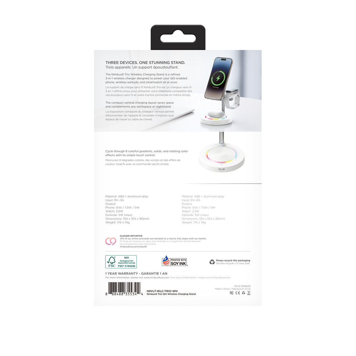 Nimbus9 TrioStand 3-in-1 Qi2 Wireless Charging Stand with Ambient Lighting MagSafe Compatible for Phone, Earbuds & Smartwatch